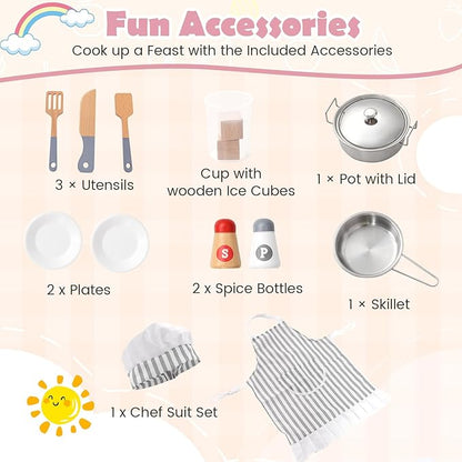 Costzon Corner Kids Kitchen Playset, Wooden Play Kitchen w/Sounds & Lights, Washing Machine, Range Hood, Ice Maker, Microwave, Oven, Sink, Pretend Toy Kitchen Set for Toddler, Gift for Boys Girls