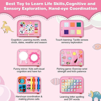 Busy Board for Toddlers, Sensory Board Travel Toys Gifts for 1 2 3 4 Year Old Girls Boys, Montessori Toys to Learn Fine Motor Skills, Educational Activities Busy Book for Airplane Car (Pink)