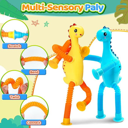 Sensory Travel Toys Chirstmas Stocking Stuffers Gift for Toddlers Kid Boy Year Old Ages 3+ Airplane Activities Suction Autism Pop Tube Fidget Toys Autistic Items Valentine for Kids (8pc-Dinosaur)