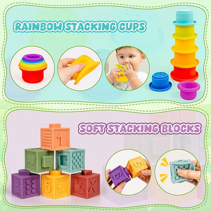 Montessori Baby Toys for Ages 6–18 Months with Sensory Shape Sorter Matching Game Toy Stacking Ring Soft Building Blocks Developmental Learning Toys for Toddlers 1+ Year Old