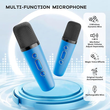 Mini Karaoke Machine for Kids Adults, Portable Bluetooth Speaker with 2 Wireless Microphones, Birthday Gifts Toys for Girls Boys Ages 3, 4, 5, 6, 7, 8, 9,10,11,12+ Years Old Toddler (Royal-Blue)