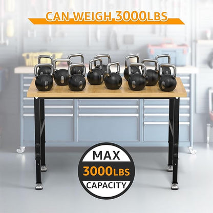 48" Adjustable Workbench,Heavy-Duty Work Table,3000 LBS Load Capacity Particleboard Hardwood Workstation Outlets with Fixed feet,for Workshop, Garage