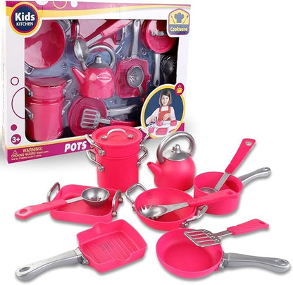 Pink Play Kitchen Cookware Toys Pots and Pans Cooking Utensils Accessories Pretend Playset for Toddlers, Kids, Girls (13 Pcs)