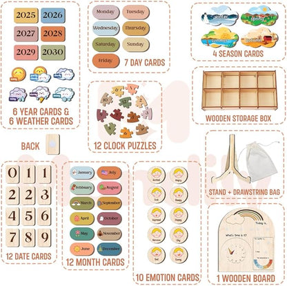 Interactive Calendar for Kids Ages 3+, Wooden Toddler Calendar, Teaching Seasons, Years, Months, Days of Week, Daily Activity Calendars for Kid Preschool & Homeschool (04 - Rainbow)