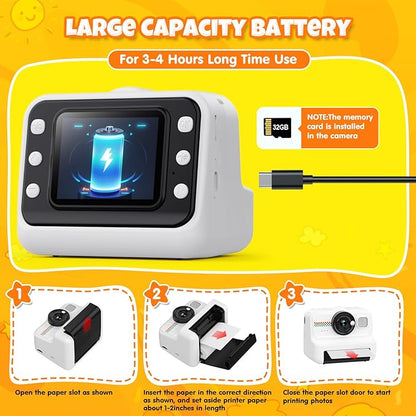Kids Instant Print Camera, 1080P HD Kids Camera Instant Print with 3 Rolls Print Paper & 32GB Card, Ideal Kids Toys Gifts for Boys & Girls Age 3-14 (Black)