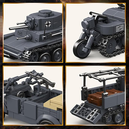 4 IN 1 WW2 Army Tanks Toy Building Block Set(1089 Pcs),Compatible with Lego,Create German 38T-A Light Tank&3 German Style Small Military Vehicles Models Great Military Toy Gift for Boy Age 6+ Year Old