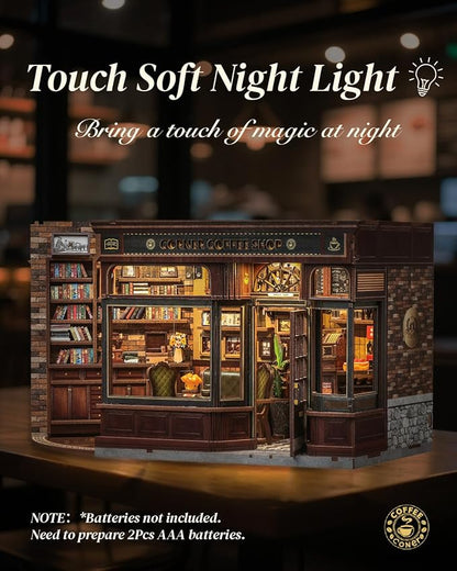 Cutefun Book Nook Kit - DIY Miniature Doll House Kit, Book Nook Kits for Adults, 3D Wooden Puzzle Bookend Bookshelf with LED Light for Cafe Crafts Lovers (Corner Coffee Shop)
