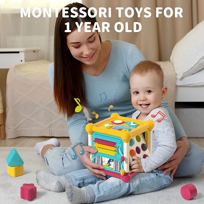 Baby Activity Cube, 6-in-1 Montessori Toys for 1-2 Year Old Boys and Girls, Multi Sensory Shape Blocks, Travel Music Toys for Toddlers 1-3