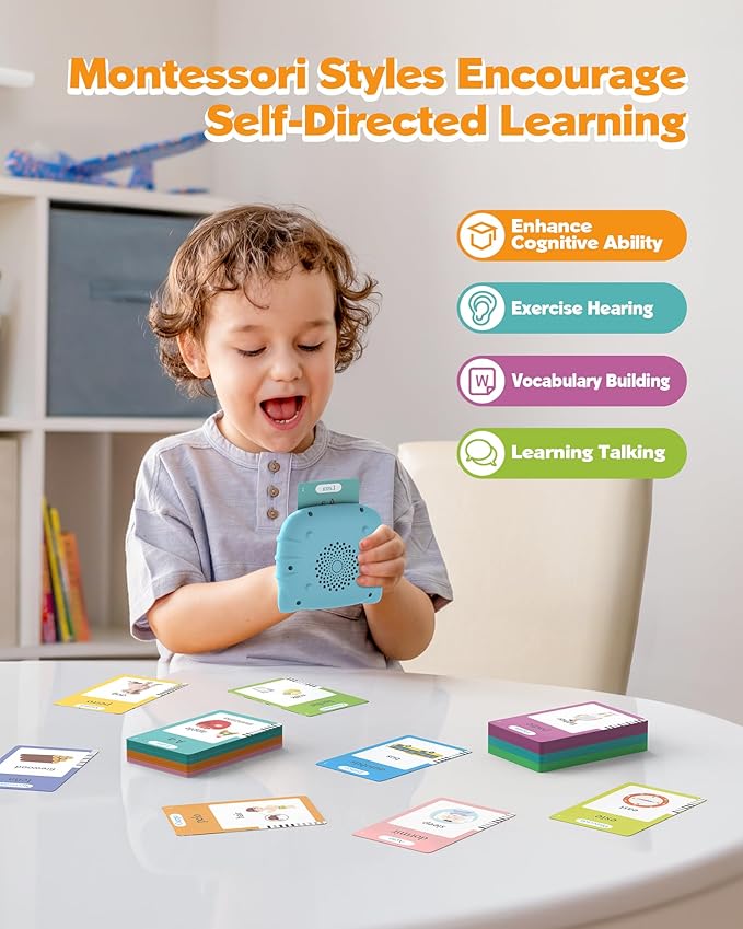 Bilingual Spanish and English Talking Flash Cards for 1-3, Airbition Pocket Speech Therapy Tools with 512 Words, Montessori Language Learning and Autism Aids, Children's Sensory Learning Kits