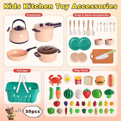 LovesTown 59PCS Play Kitchen Accessories with Basket, Pink Pretend Play Food Set for Kids with Pots Pans Tableware Kitchen Cooking Toys for Toddler Gifts for Boys Girls