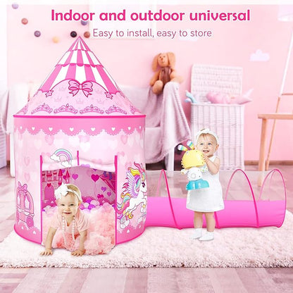 3PC Princess Tent for Girls with Kids Ball Pit and Crawl Tunnel for Toddlers, Pink Pop Up Playhouse Toys Indoor& Outdoor for Birthday Gifts