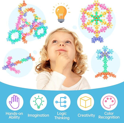 300PCS Interlocking Snowflake Building Block Toy for Kids Ages 3+, Multi-Color Solid Plastic Early Learning Creativity Educational STEM Toy with Carrying Case Safe Material (Macaron Colors)