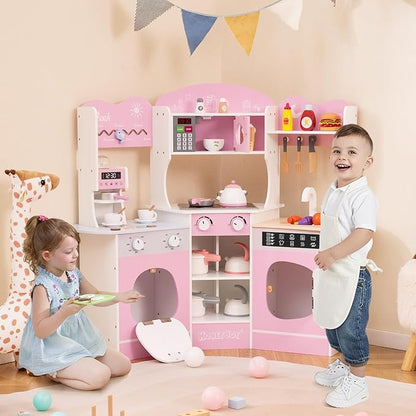 Costzon Corner Play Kitchen, Wooden Kids Kitchen Playset with Lights & Sound, Coffee Maker, Washing Machine, Oven, Microwave, Toddler Toy Kitchen for Pretend Play, Gift for Boys Girls 3+ (Pink)