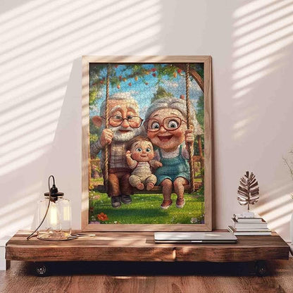 Happy Grandparents with Baby On Swing 1000 Piece Jigsaw Puzzle for Adults Students Garden with Wooden House Bright Colorful Art 20×27 Inches Relaxing Fun Puzzles for Brain Exercise and Home Decor