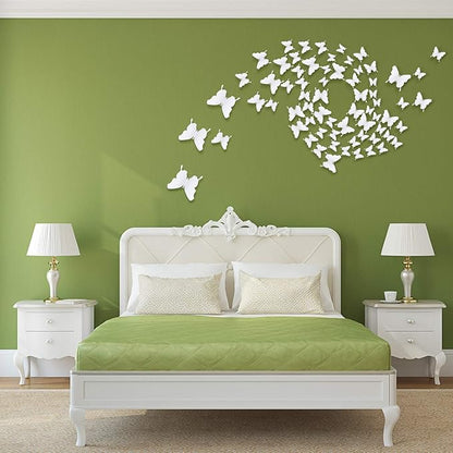 BBTO 48 Pieces Butterfly Wall Decor DIY Mirror 3D Butterfly Stickers Removable Decals for Home Bedroom School Bathroom Living Room Decor(White)