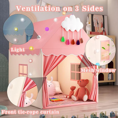 Pink Kids Play Tent with Mat, Cloud and Ball Lights Large Playhouse for Children and Girls Princess Castle Tent for Bed- Indoor & Outdoor Toddler Camping Tent(Cloth Door & Metal Rack)