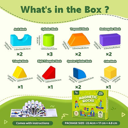 Magnetic Blocks, Large Building Blocks for Toddlers 1-3, Multi-Shape 3D Stacking Blocks Set, Montessori Learning Sensory Magnet Toys for Boys Girls, Kids Gift (14pcs)