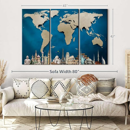 ElephantStock Ocean Blue World Map Multi Piece Canvas - 3 Panel Wall Decor - Map of the World Art - Canvas for the Office and Home - 65" X 42"