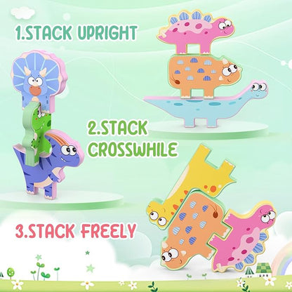 Montessori Toys for Toddlers, 10 Pack Wooden Dinosaur Stacking Blocks, Sorting & Stacking Preschool Learning Activities, Gift for Boys, Girls