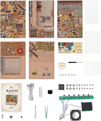 Tonecheer DIY Miniature House Kit, Wooden Dollhouse Kit with White Noise,Tiny Diorama House Building Set with Electronic Screen Craft Kits Make for Aduls (Magic Shop)