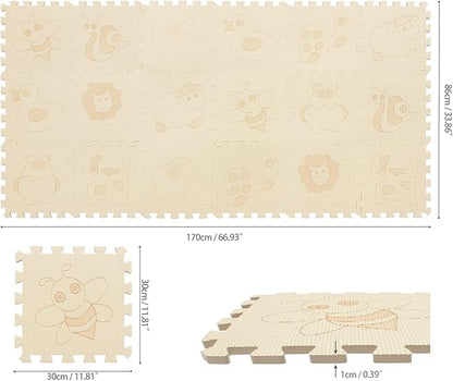 qqpp EVA 18 Tiles Baby Play Mat for Playing, Interlocking Foam Floor Mats for Tummy Time & Crawling, Puzzle Flooring Tiles with Animals Laser Pattern for Kids. Beige. QL-11(J) b18N