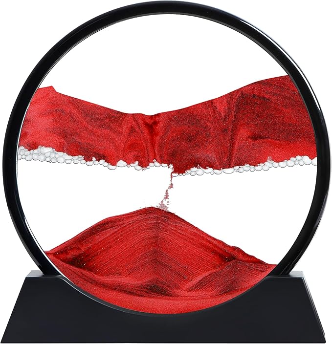 Moving Sand Art Liquid Motion, 3D Deep Sea Sandscape Color Quicksand Decor, Round Glass Moving Sand Art Picture Relaxing Desktop Home Office Work Decor (Red, 12 inch)