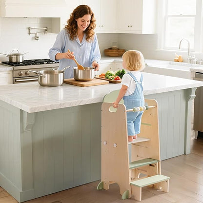 ROBUD Toddler Tower Adjustable Kitchen Stool Helper with Chalkboard, Hooks and Anti-Tip Design, Movable Kids Step Stool with Cute Safety Rail, Montessori Activity, Morandi Green