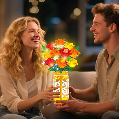 Flower Bouquet Building Set with Vase & LED Light, Yellow, Orange and Red Roses 3.6MM Mini Botanical Building Block Toys, Gifts for Friends, Artificial Flowers for Office Home Decor & Display