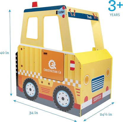 Construction Truck Wooden Playset w 60+ Toy Pieces- Pretend Hammer Saw Bolts, Screws- Spinning Turn Saw, Steering Wheel, Wood to Pull Apart- Dual Sided Stand Center, Workbench Building Kids Xmas Gift