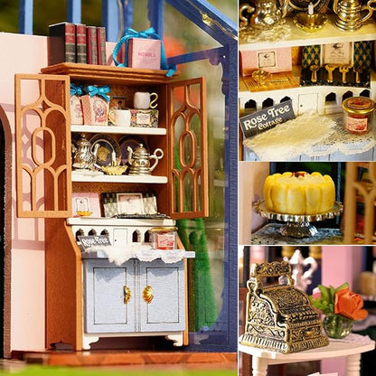 TuKIIE DIY Miniature Dollhouse Furniture Kit, 1:24 Scale Creative Room Wooden Doll House Accessories Plus Dust Proof & Music Movement for Kids Teens Adults(Rose Garden Tea House)