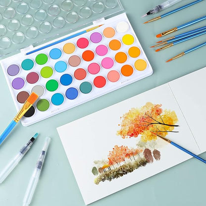 AROIC 65 Pieces Watercolor Paint Set,36 Colors Watercolor,10 Brushes,3 Refillable Water Brush Pens,16 Page Pad(8.5 * 5.5in),Profesional Watercolor Kit for Kids, Adults, Beginners