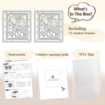 iLAND 1/12 Scale Accessories of Dollhouse Windows, Wooden DIY Dollhouse Building Supplies, Complete Miniature Windows Kit w/Wooden Frame & Grid Pattern PVC Film