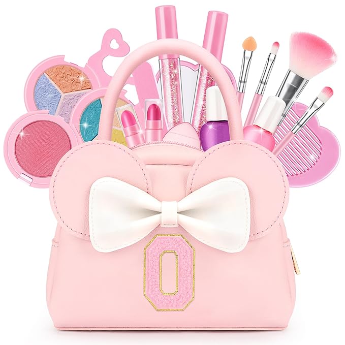 Kids Real Makeup Kit for Girls - 18Pcs Non-Toxic Washable Make Up Toys with Initial Toddler Purse - Personalized Birthday Gifts for Age 3 4 5 6 7 8 9 10 Years Old Girls Vanity Set - O