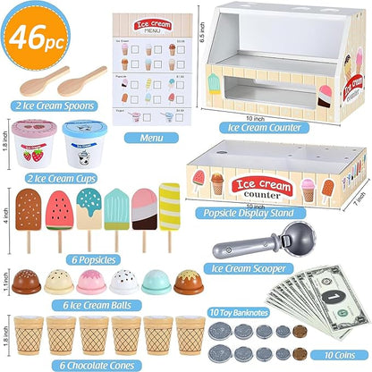 Wooden Ice Cream Toys Kids Play Store Pretend Toy for Toddlers, Play Kitchen Accessories with Scoop, Menu, Fake Money, Ice Cream Play Set Birthday Christmas Gifts for 3 4 5 6 Year Old Girls Boys