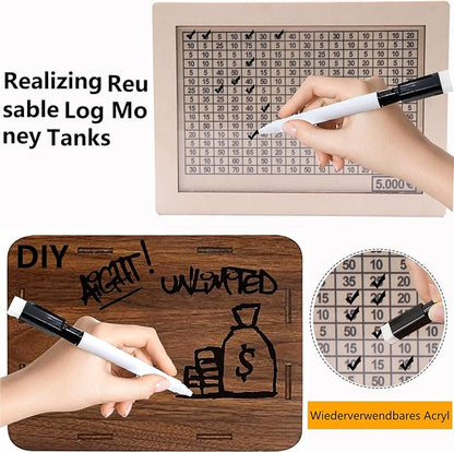 Money Saving Box, Wooden Money Box with Money Target and Numbers, Savings Challenges Money Box, Cash Savings Box, Bank for Adults Kids (10000 Dollar)