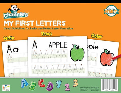 Channie’s My First Letters, Pre K - Kindergarten Writing Workbook, Fun Way to Practice Letter Tracing for Kids Ages 3-5, Easy to Follow, Color-Coded, 40 Double-Printed Worksheets