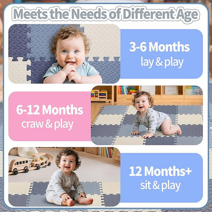 Foam Play Mat for Baby, 0.4 Inch Thick Foam Interlocking Floor Mats, Soft Non-Toxic Baby Playmat, Puzzle Play Mat Kids Floor Mats for Toddler, 16 Tiles(White/Dark Blue/Gray Blue)