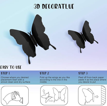 BBTO 48 Pieces Butterfly Wall Decor DIY Mirror 3D Butterfly Stickers Removable Decals for Home Bedroom School Bathroom Living Room Decor(Black)