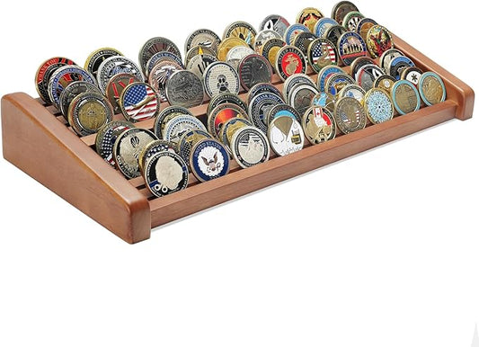 8 Rows Solid Wood Challenge Coin Display Stand - Military Holder for Up to 60-70 Coins - Ideal Rack for Army Navy Marine Corps Law Enforcement Collectors, Walnut Finish
