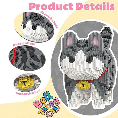 Animal Gray Striped Bell Cat Micro Mini Building Blocks Sets Large Cute Cat Building Kits Model Toys Gift for Adults Kids Teens 6500 PCS