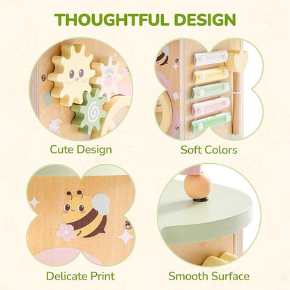 ROBUD Wooden Activity Cube, Educational Wooden Toys with 7 Functional Areas, Montessori Toys for 1+ Year Old Boys & Girls, Flower Bush Theme