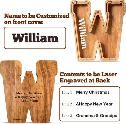 Summidate Customized Name Large Wooden Piggy Bank for Kids Boys Girls Alphabets Letter A-Z Coins Bills Money Change Bank Box Initial on Clear Cover (Laser Engraved) (Alphabet-V, Personalized-9")