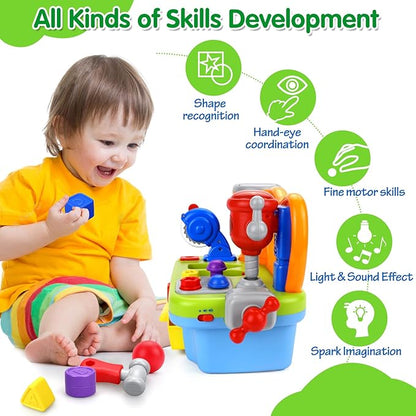 Toys for 1 Year Old Boy, Musical Toddler Tool Bench, Montessori Educational Toys with Sound Lights Effect, Shape Sorter, One Year Old Boy Birthday Gift, Engineer Pretend Play Workbench