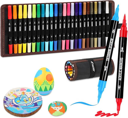 24 Colors Acrylic Paint Markers, Dual Tip with Fine Tip and Brush Tip Pens for Stone, Wood, Calligraphy, Canvas, Ceramic, Metal, Glass, Rock Painting, DIY Crafts Art Supplies Kit