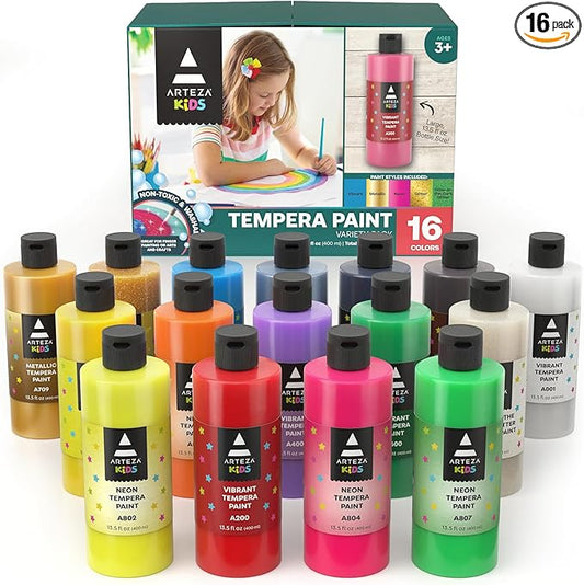 ARTEZA 16 Kids Tempera Paint Set, 13.5 oz/400 ml, Non-Toxic Washable Tempera Paint Bottles, Kids Art Supplies