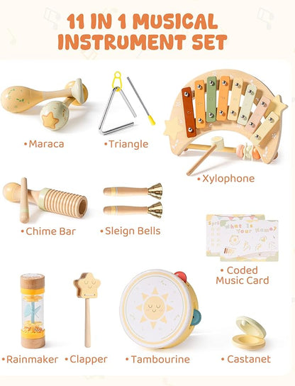 ROBOTIME Baby Musical Instruments Set, 11 PCS Wooden Toddler Musical Toys with Xylophone Percussion Instruments, Montessori Musical Toys for Preschool Kids Girls Boys