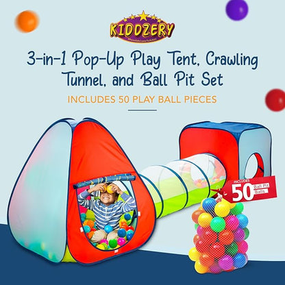 Kiddey 3-in-1 Kids Pop-Up Play Tent, Crawl Tunnel, & Ball Pit Set with 50 Play Balls - 3 Piece Durable Pretend Playhouse Tent for Boys, Girls, Toddlers & Pets - Indoor & Outdoor with Carry Case