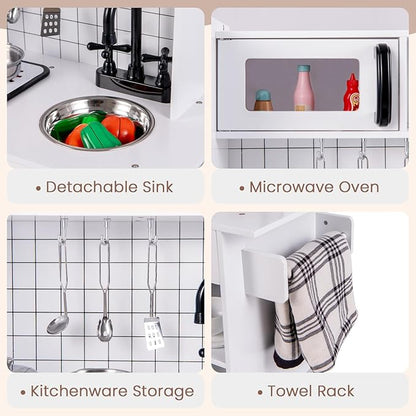 INFANS Play Kitchen for Kids, Wooden Kids Play Kitchen Playset with Realistic Light & Sounds, Pots Pan Microwave Sink, Children Pretend Cooking Toy Set Gift for Toddler Boys Girls Ages 3+