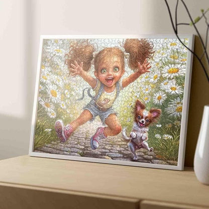 Tucocoo Cute Cartoon Girl Puzzle for Adults 1000 Piece, Puppy Running in Daisy Field, Whimsical Fantasy Art Jigsaw, Fun and Challenging Puzzles Gift for Women and Puzzle Enthusiasts, Home Wall Decor