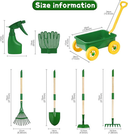 Duckura Kids Gardening Tools Set - 7pcs Wheelbarrow Set Outdoor Toy for Kids with Shovel, Rake, Leaf Rake, Yard Digging Weed Toys, Halloween Birthday Gifts for Boys Girls Age 2 3+Years Old(Yellow)